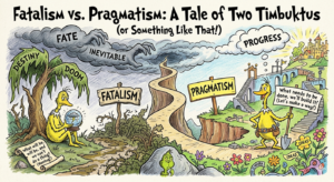 A cartoon comparing fatalism, which accepts the inevitable, with pragmatism, which seeks to shape the future.