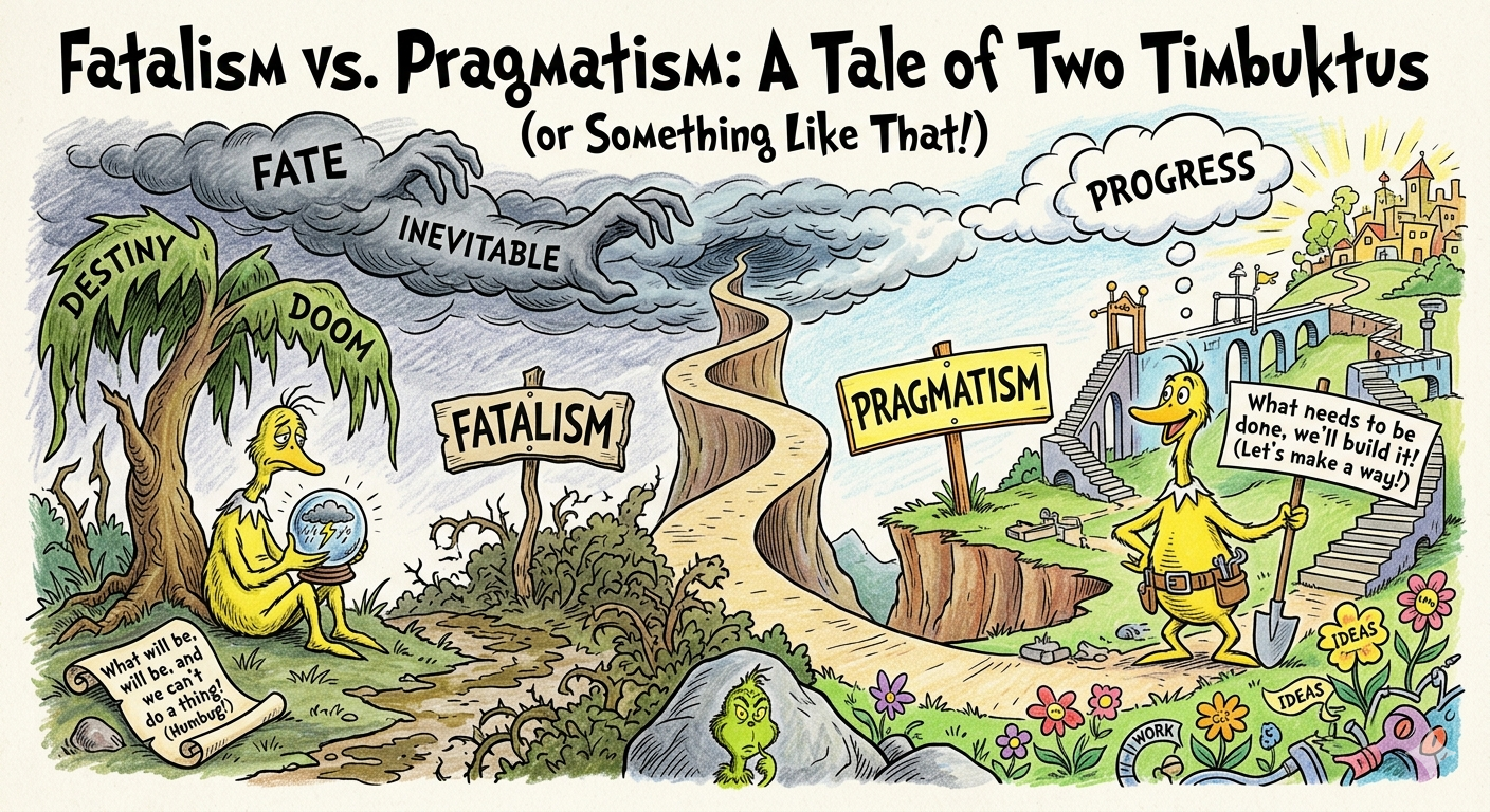 A cartoon comparing fatalism, which accepts the inevitable, with pragmatism, which seeks to shape the future.